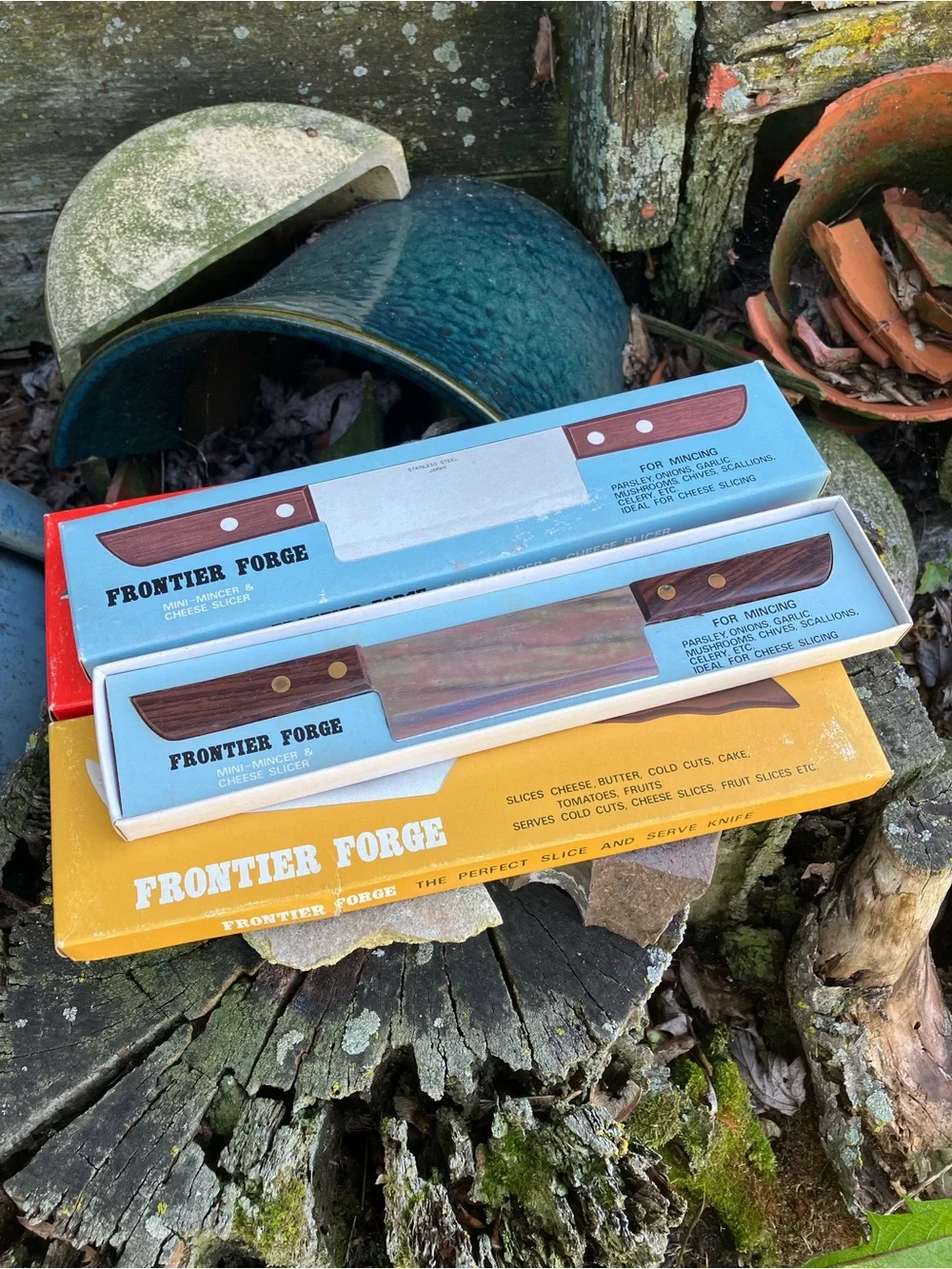 Vintage Frontier Forge Japan Knife Set of 3 in Boxes Mincer Cheese Multi-Purpose